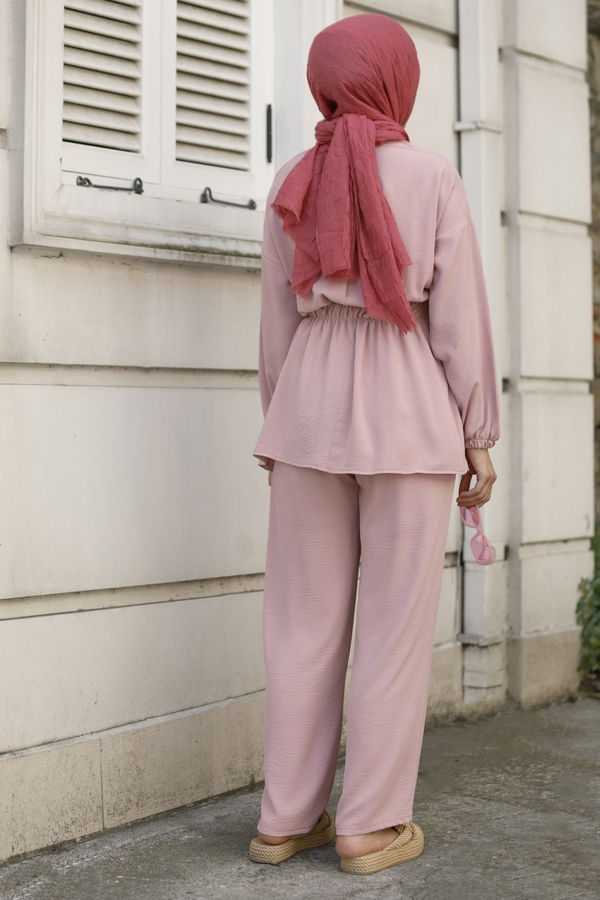 Düz Bisiklet Yaka Kadın Pembe Bluz+Pantolon - 10523 PEMBE