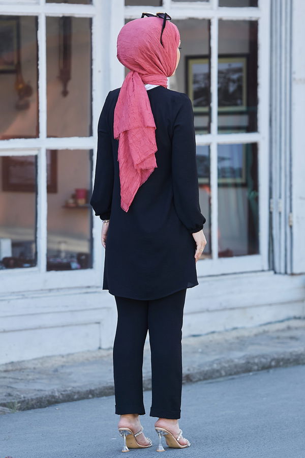 Düz Bisiklet Yaka Kadın Siyah Tunik Pantolon - 10528