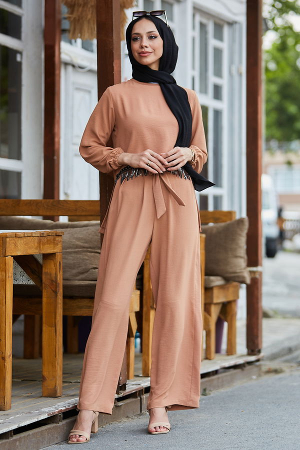Düz Bisiklet Yaka Kadın Taba Bluz+Pantolon - 10513