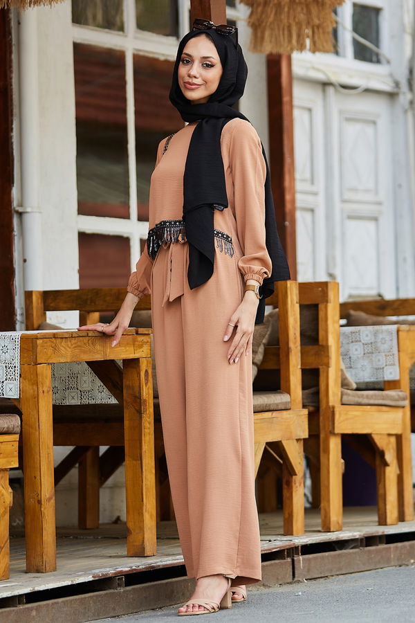 Düz Bisiklet Yaka Kadın Taba Bluz+Pantolon - 10513