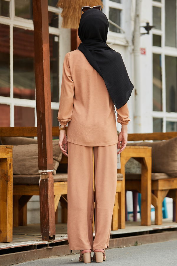 Düz Bisiklet Yaka Kadın Taba Bluz+Pantolon - 10513