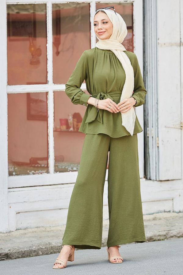 Düz Hakim Yaka Kadın Haki Bluz Pantolon - 10524 HAKİ