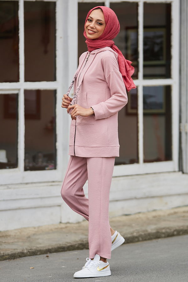 Düz Kapsonlu Yaka Kadın Pembe Tunik Pantolon - 10525 PEMBE