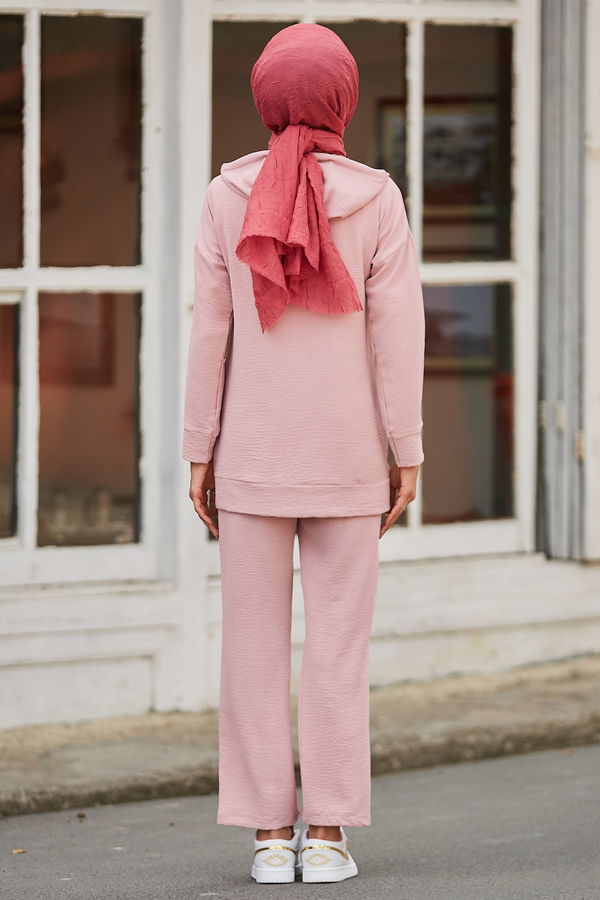 Düz Kapsonlu Yaka Kadın Pembe Tunik Pantolon - 10525 PEMBE