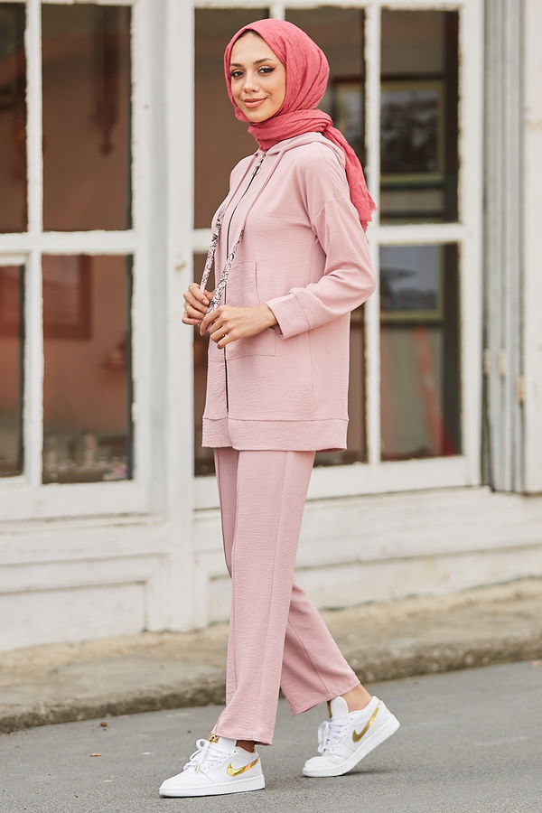 Düz Kapsonlu Yaka Kadın Pembe Tunik Pantolon - 10525 PEMBE