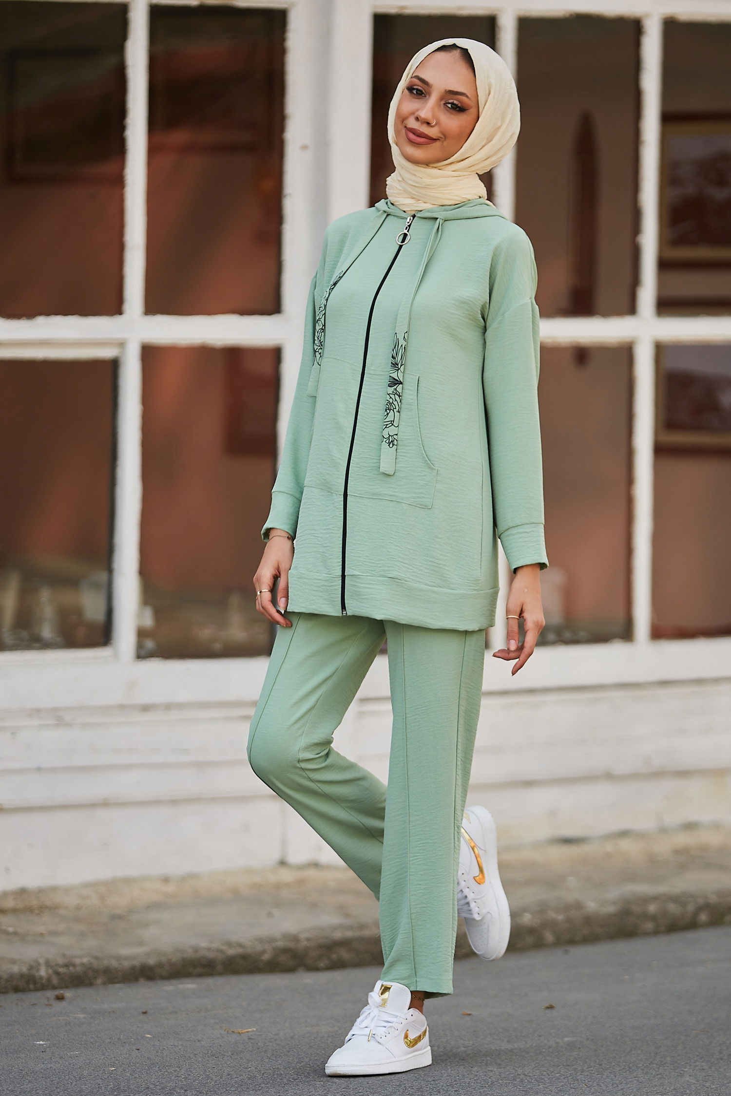 Düz Kapsonlu Yaka Kadın Yeşil Tunik Pantolon - 10525