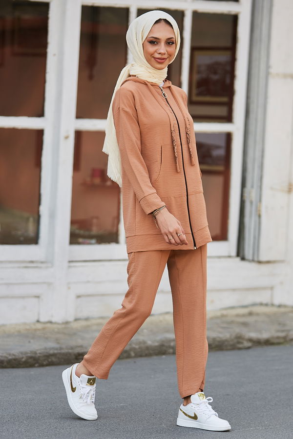 Düz Kapsonlu Yaka Kadın Taba Tunik Pantolon - 10525 TABA