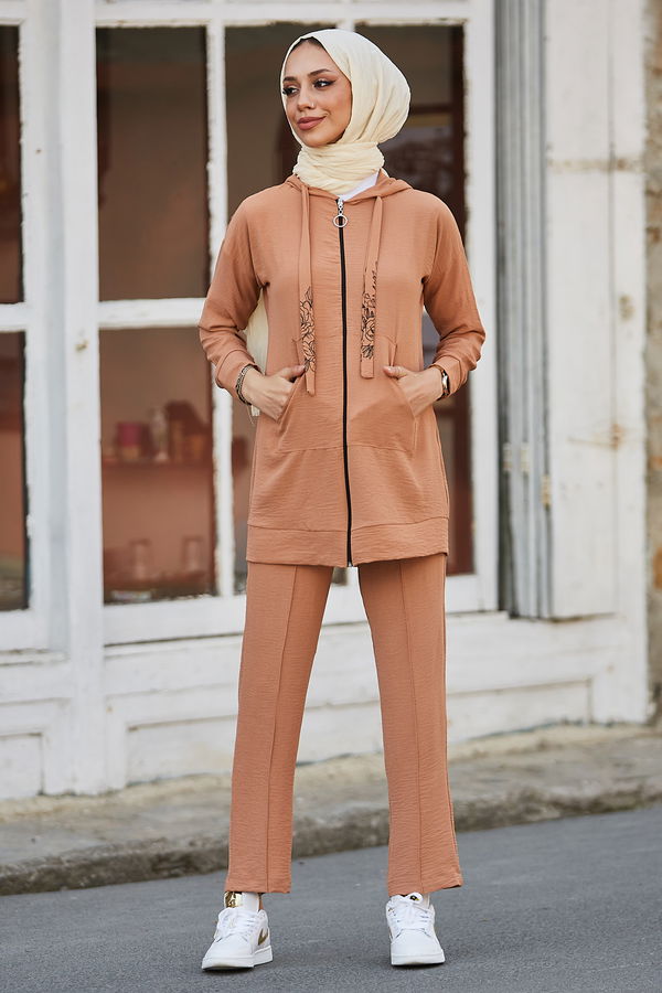 Düz Kapsonlu Yaka Kadın Taba Tunik Pantolon - 10525 TABA