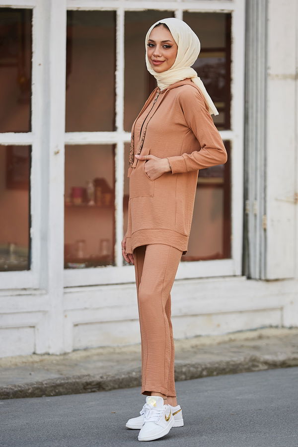 Düz Kapsonlu Yaka Kadın Taba Tunik Pantolon - 10525 TABA