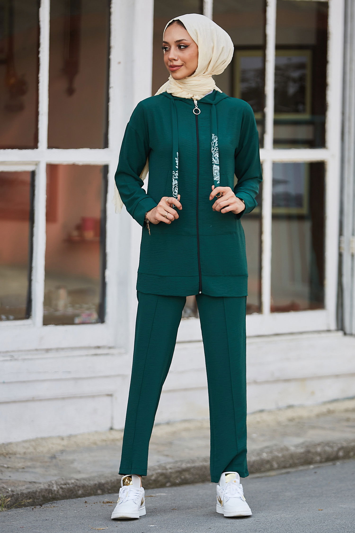 Düz Kapsonlu Yaka Kadın Yeşil Tunik Pantolon - 10525 YEŞİL