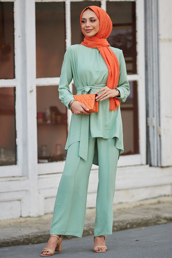 Düz Bisiklet Yaka Kadın Yeşil Tunik Pantolon - 10527 YEŞİL