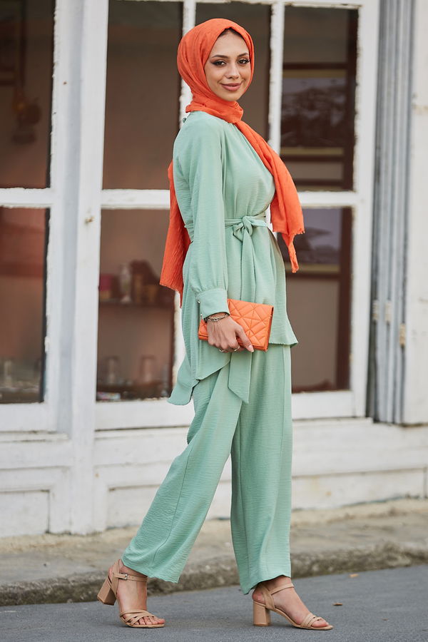 Düz Bisiklet Yaka Kadın Yeşil Tunik Pantolon - 10527 YEŞİL