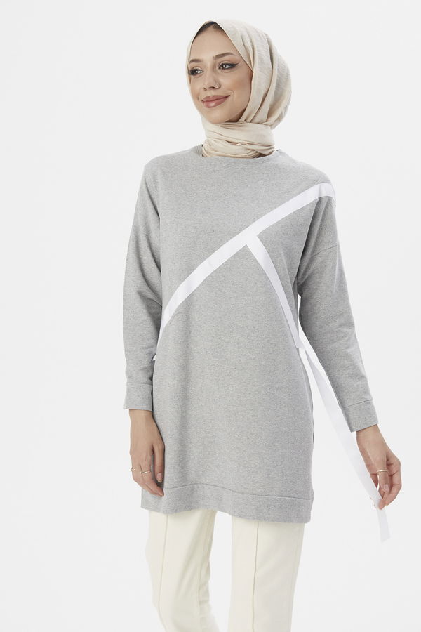 Düz Bisiklet Yaka Kadın Gri TUNIK - 3372 GRİ
