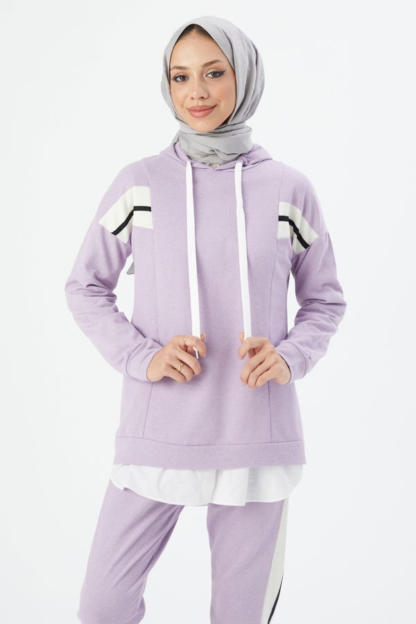 Düz Kapşonlu Yaka Kadın Lila TUNIK PANTOLON - 3094