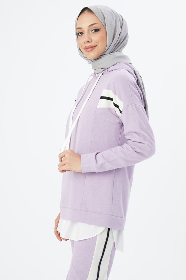 Düz Kapşonlu Yaka Kadın Lila TUNIK PANTOLON - 3094