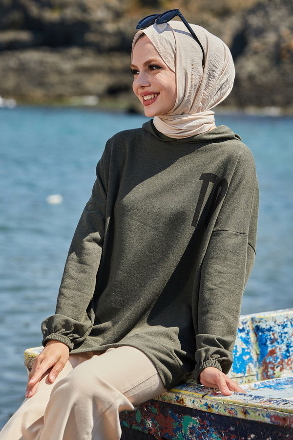 Düz Kapsonlu Yaka Kadın Haki Sweat - 10755 HAKİ