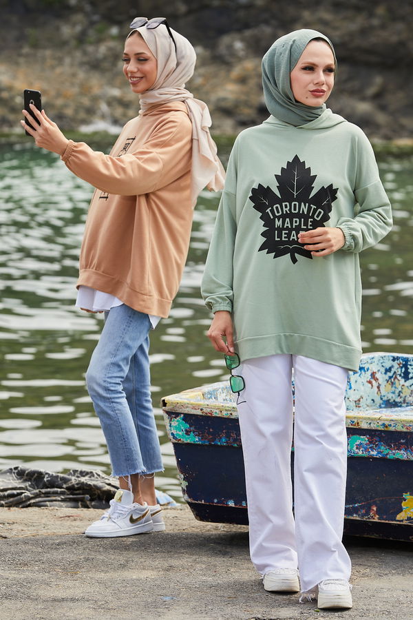 Düz Kapsonlu Yaka Kadın Yeşil Sweat - 10760 YEŞİL