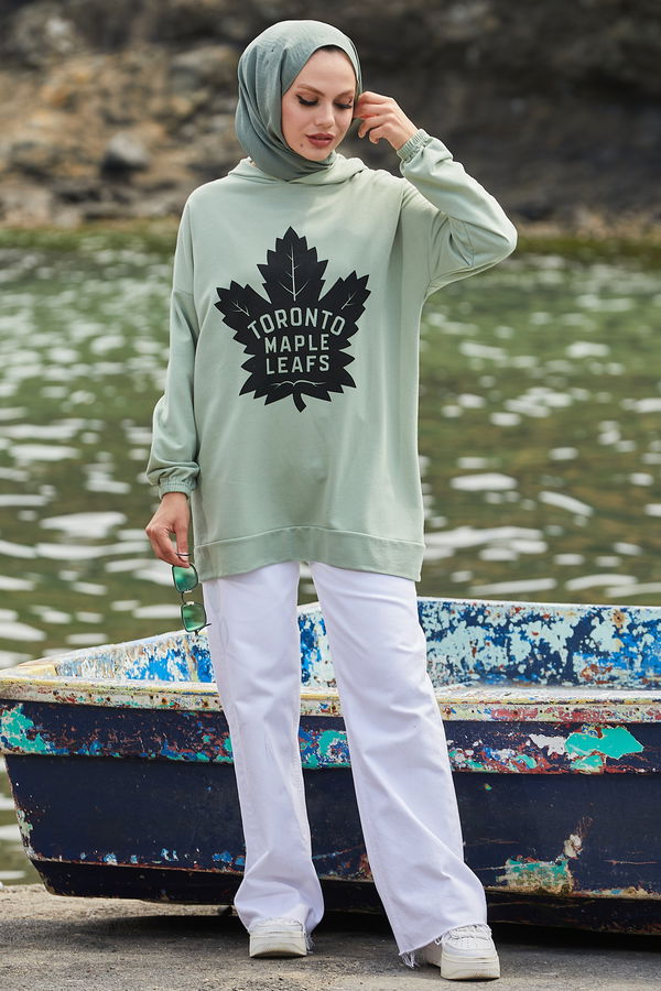 Düz Kapsonlu Yaka Kadın Yeşil Sweat - 10760 YEŞİL