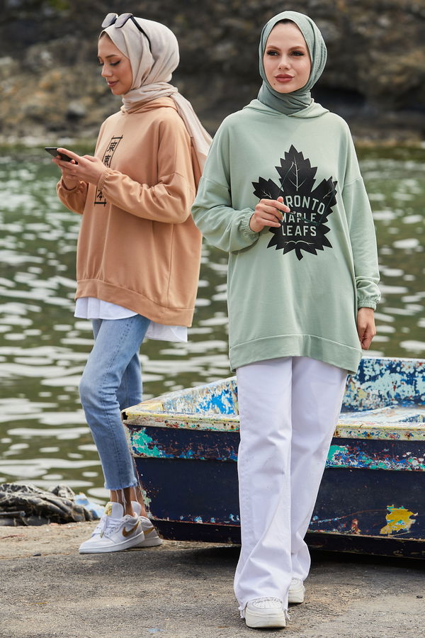 Düz Kapsonlu Yaka Kadın Yeşil Sweat - 10760 YEŞİL