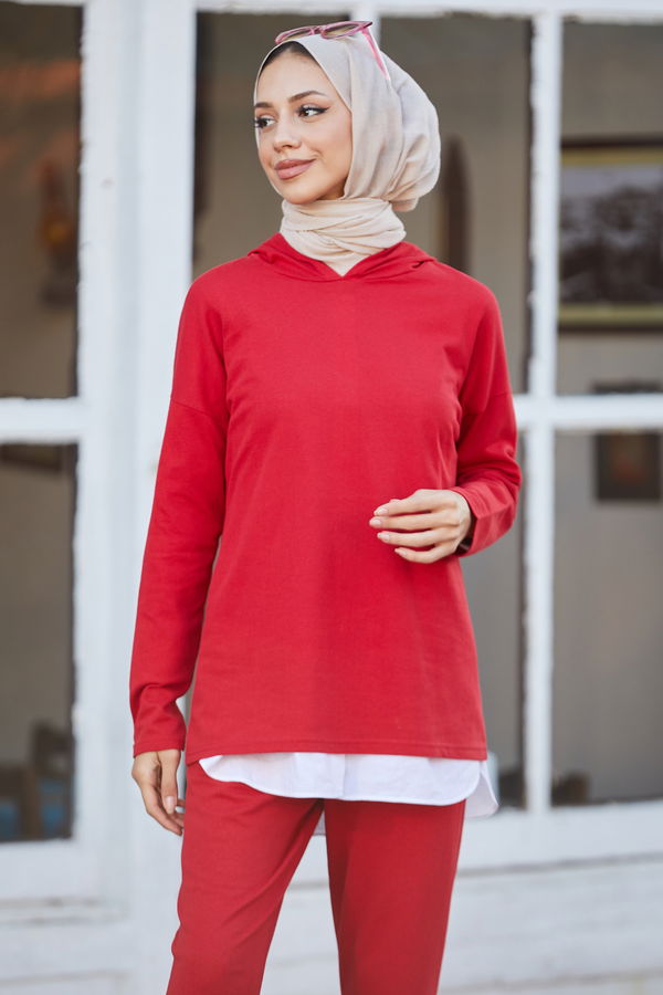 Düz Kapsonlu Yaka Kadın Kırmızı Tunik Pantolon - 8883