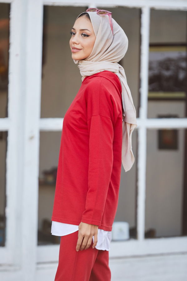 Düz Kapsonlu Yaka Kadın Kırmızı Tunik Pantolon - 8883