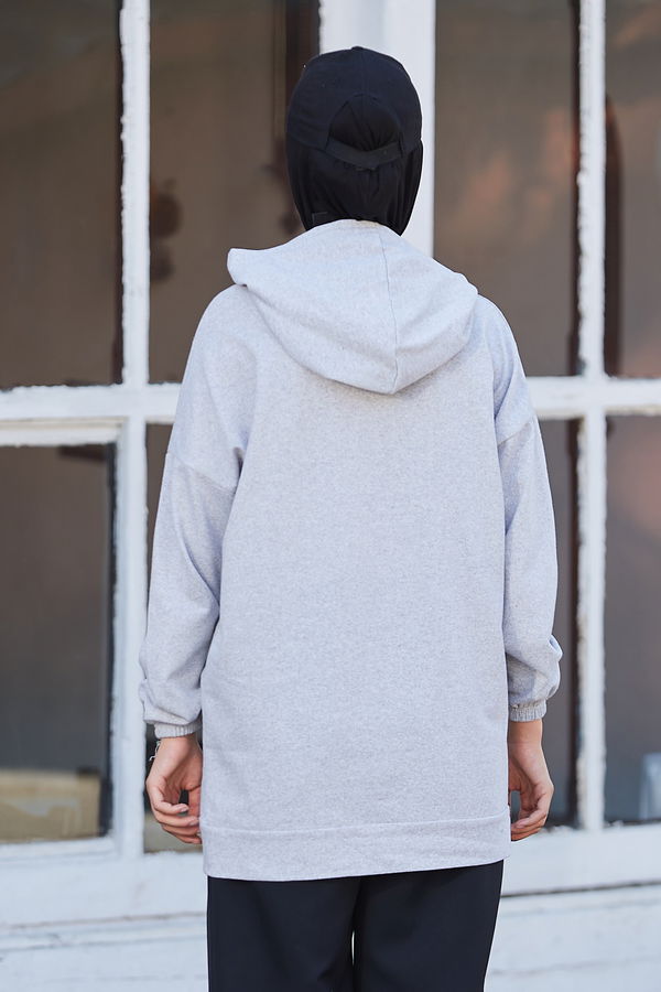 Düz Kapsonlu Yaka Kadın Gri Sweat - 10760