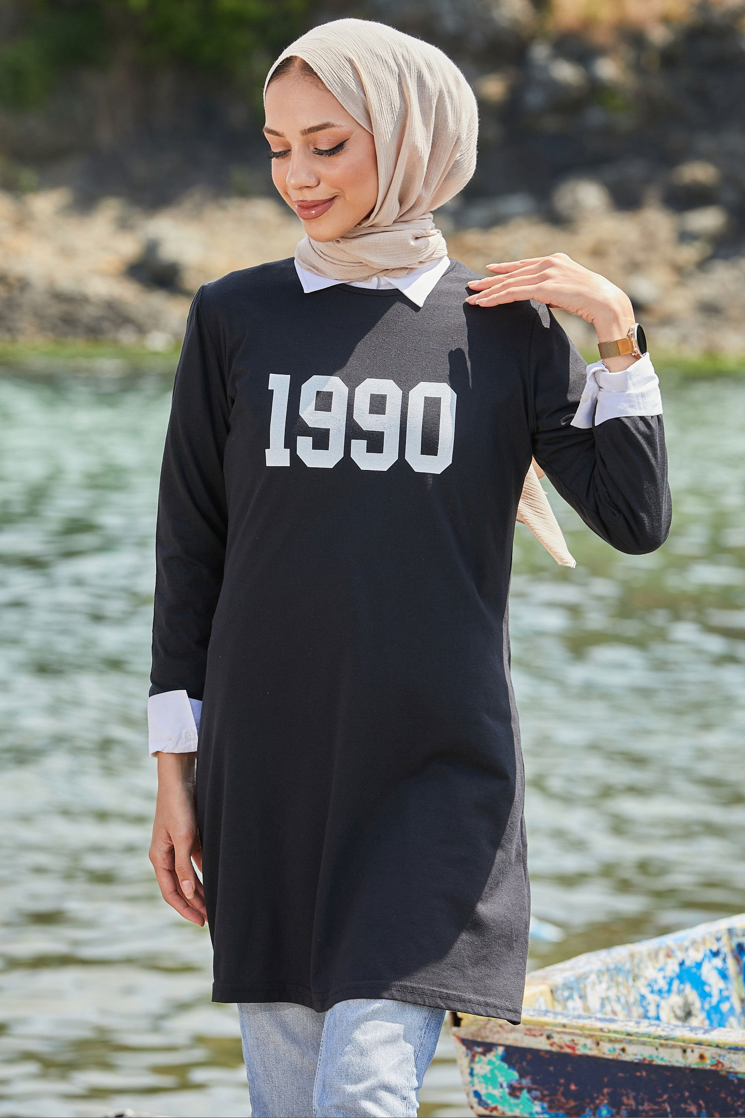 Düz Bisiklet Yaka Kadın Siyah Tunik - 10791 SİYAH