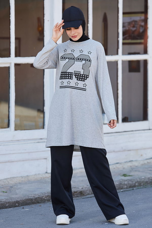 Düz Bisiklet Yaka Kadın Gri Tunik - 10793 GRİ