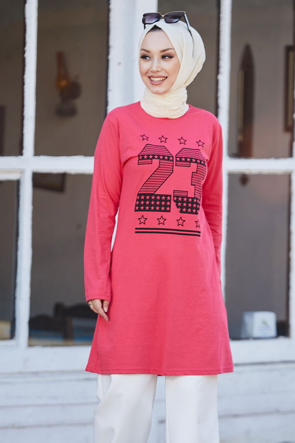 Düz Bisiklet Yaka Kadın Fuşya Tunik - 10793 FUŞYA