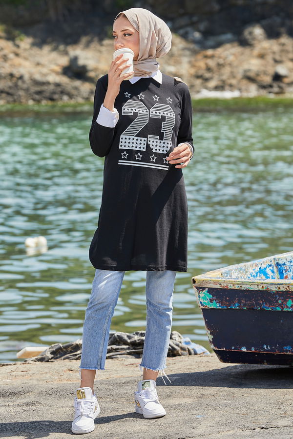 Düz Bisiklet Yaka Kadın Siyah Tunik - 10793