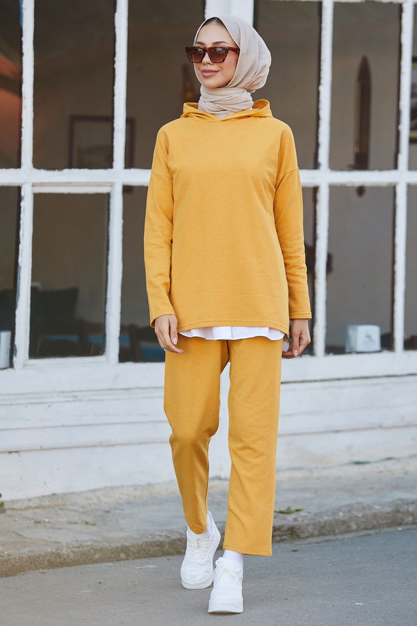 Düz Kapsonlu Yaka Kadın Sarı Tunik Pantolon - 8883 Sarı