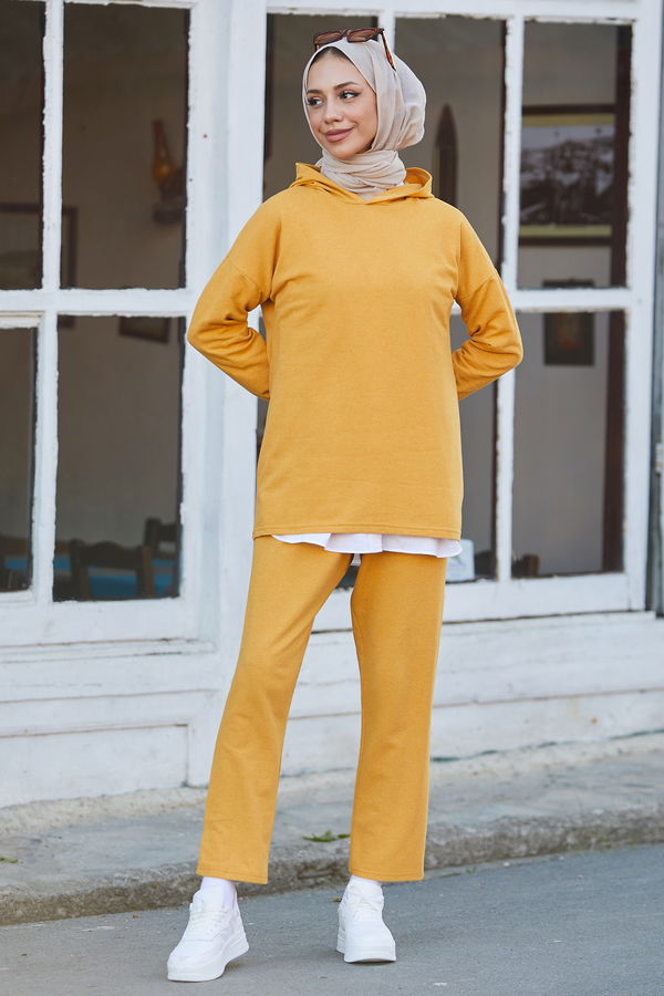 Düz Kapsonlu Yaka Kadın Sarı Tunik Pantolon - 8883 Sarı