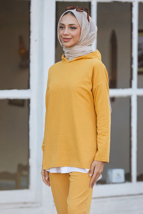 Düz Kapsonlu Yaka Kadın Sarı Tunik Pantolon - 8883 Sarı