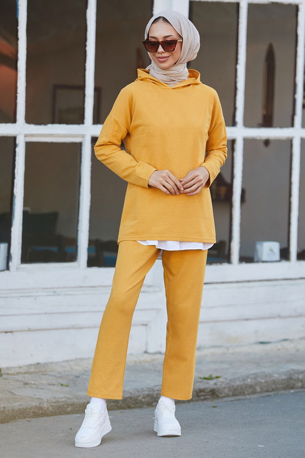 Düz Kapsonlu Yaka Kadın Sarı Tunik Pantolon - 8883 Sarı