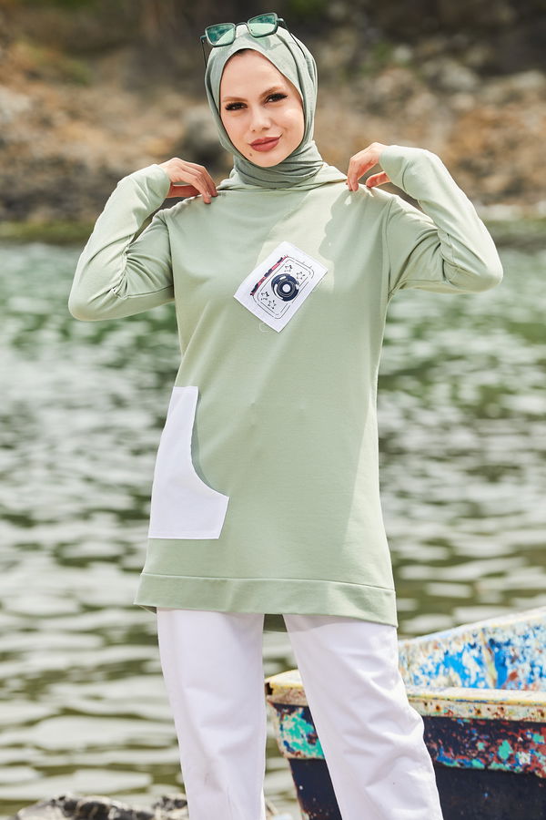 Düz Kapsonlu Yaka Kadın Yeşil Sweat - 10756 YEŞİL