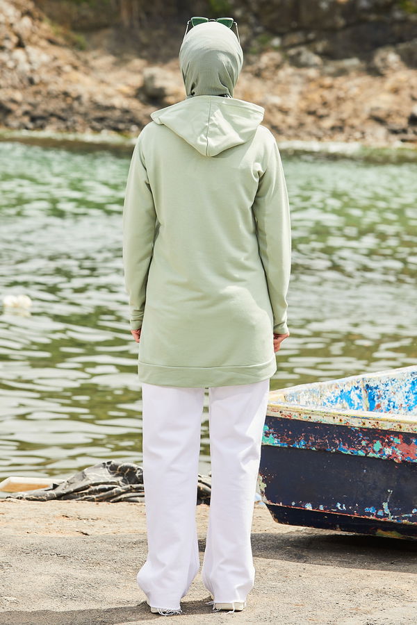 Düz Kapsonlu Yaka Kadın Yeşil Sweat - 10756 YEŞİL