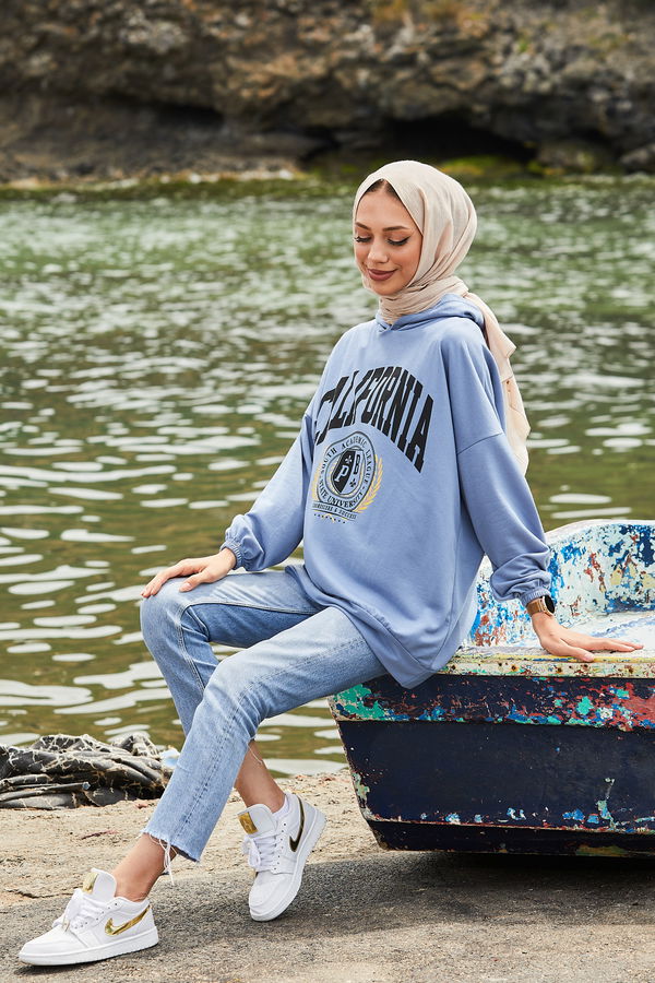 Düz Kapsonlu Yaka Kadın Mavi Sweat - 10759 MAVİ