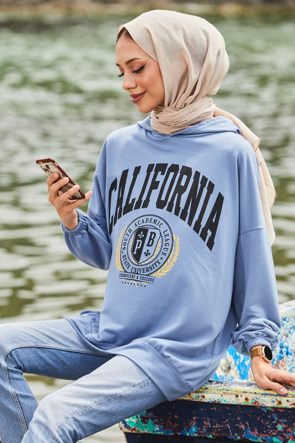 Düz Kapsonlu Yaka Kadın Mavi Sweat - 10759 MAVİ