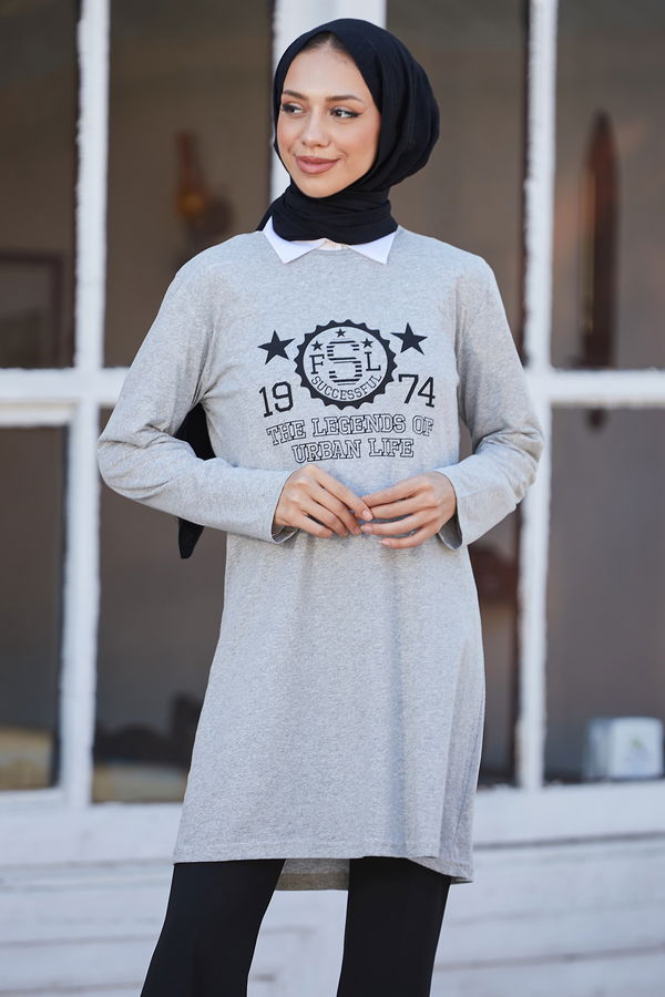 Düz Bisiklet Yaka Kadın Gri Tunik - 10792 GRİ