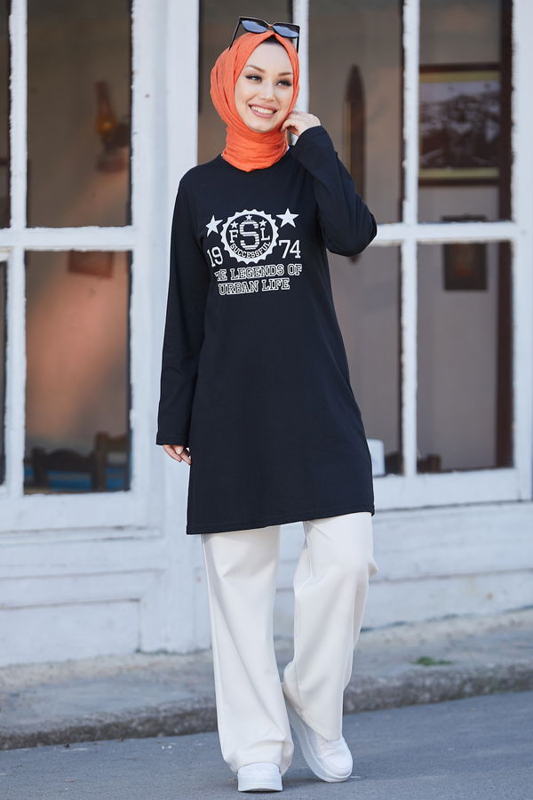 Düz Bisiklet Yaka Kadın Siyah Tunik - 10792