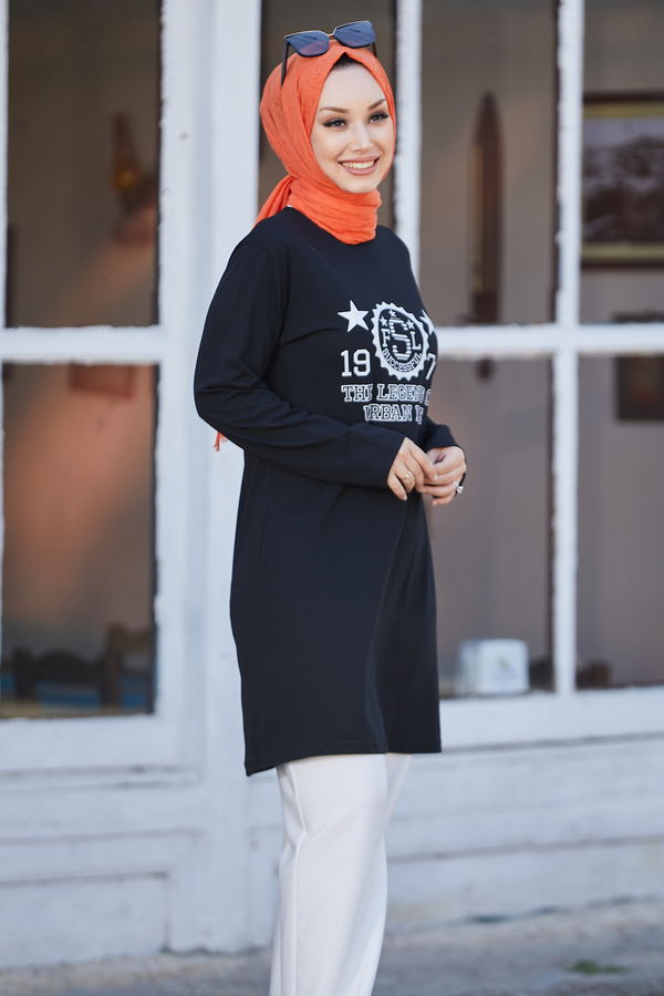 Düz Bisiklet Yaka Kadın Siyah Tunik - 10792