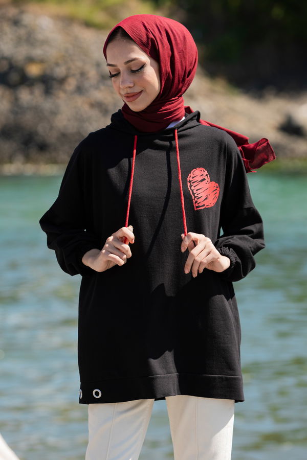 Düz Orta Kadın Siyah Kapsonlu Sweat SIYAH - 3832 - 3832