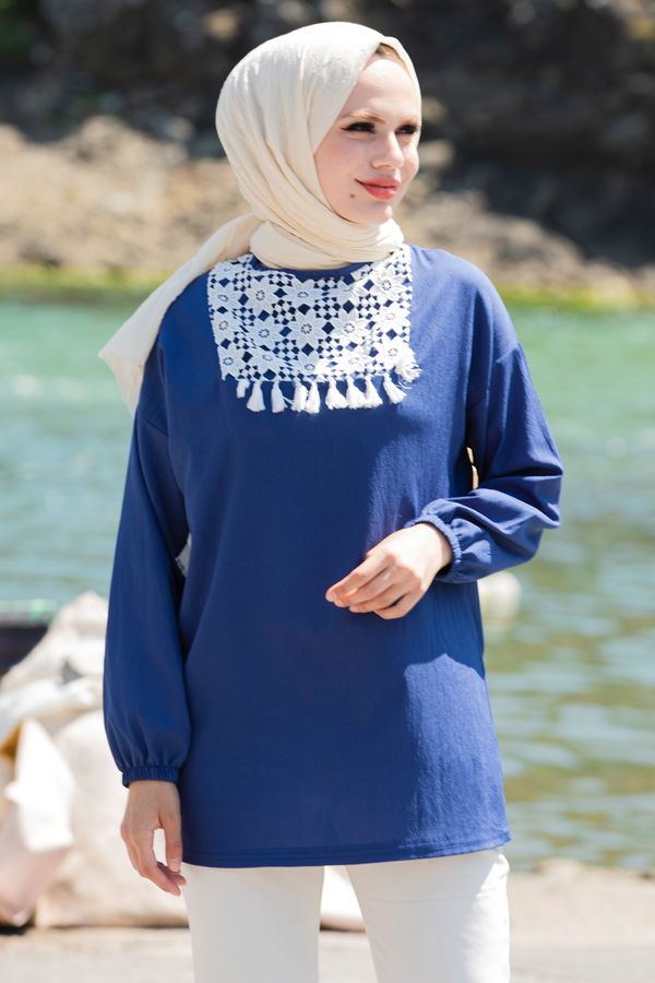Düz Bisiklet Yaka Kadın Mavi Tunik - 10776 MAVİ