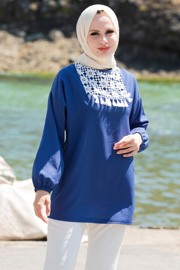 Düz Bisiklet Yaka Kadın Mavi Tunik - 10776 MAVİ