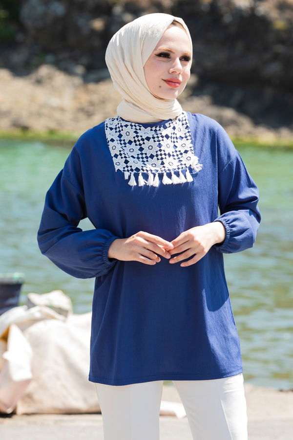 Düz Bisiklet Yaka Kadın Mavi Tunik - 10776 MAVİ