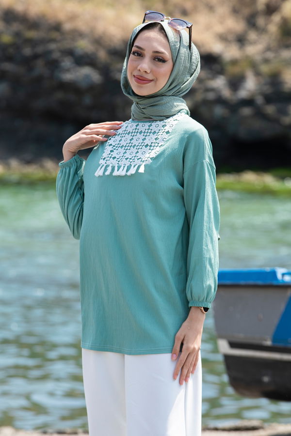 Düz Bisiklet Yaka Kadın Yeşil Tunik - 10776 YEŞİL