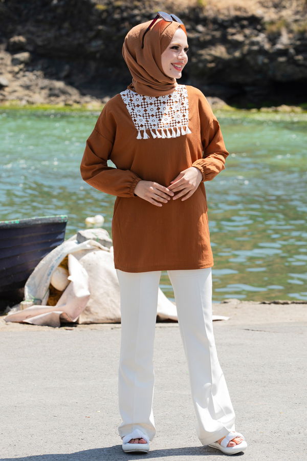 Düz Bisiklet Yaka Kadın Taba Tunik - 10776 TABA