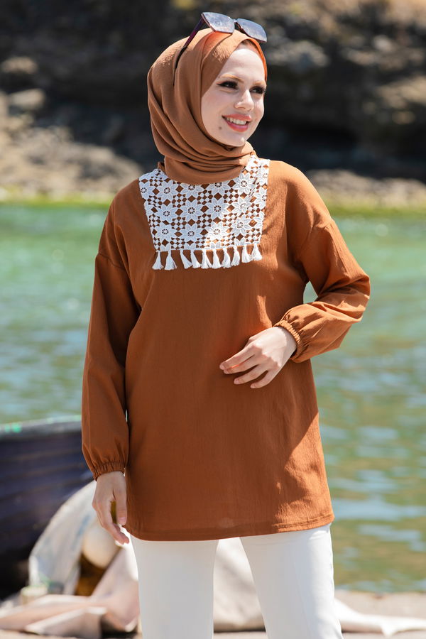 Düz Bisiklet Yaka Kadın Taba Tunik - 10776 TABA