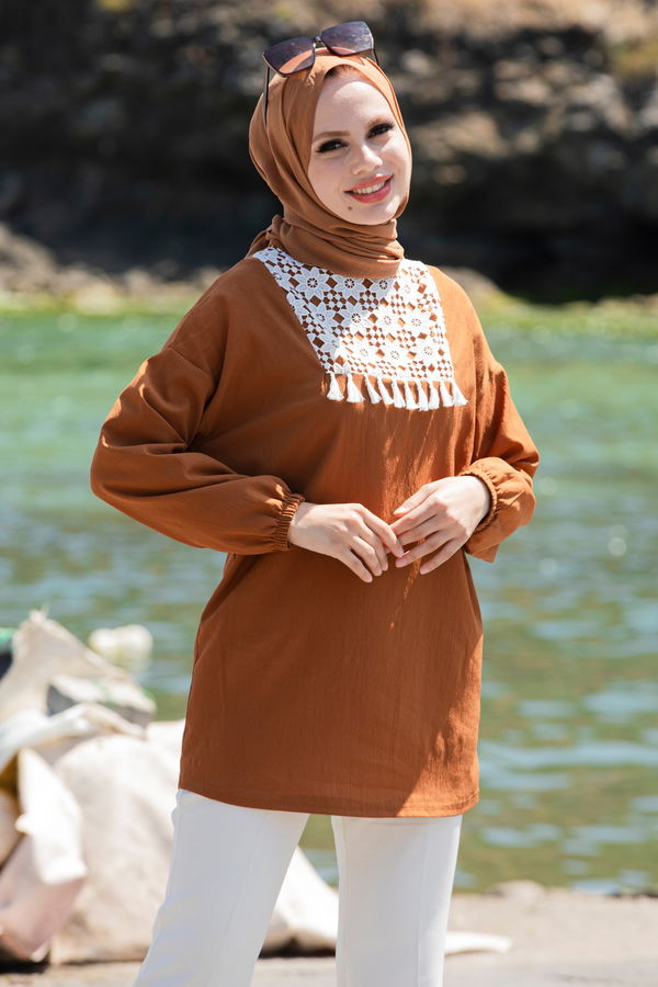 Düz Bisiklet Yaka Kadın Taba Tunik - 10776 TABA