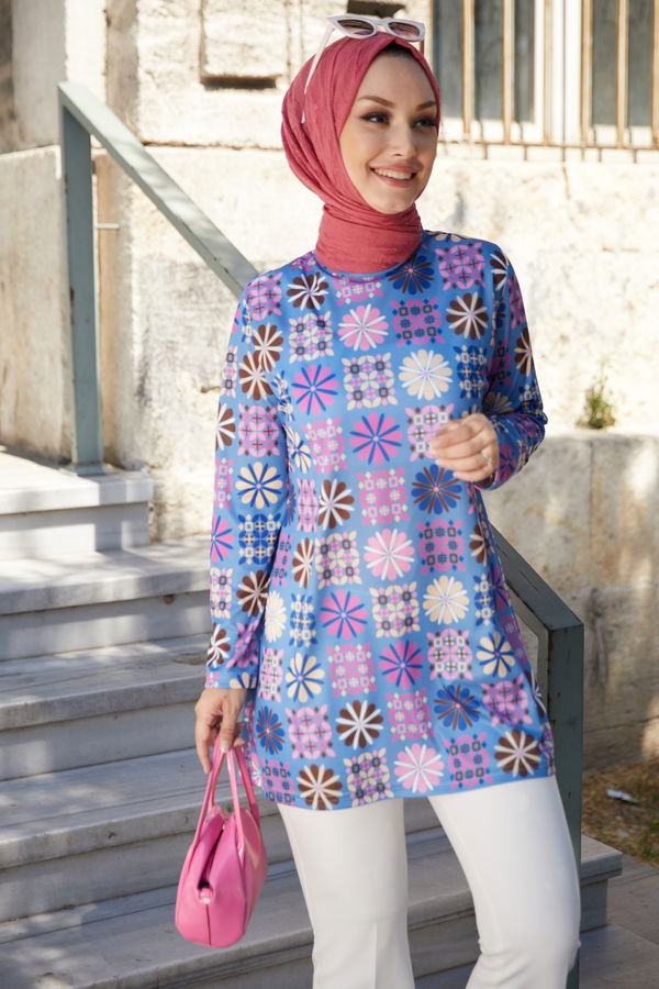 Düz Bisiklet Yaka Kadın Mavi Tunik - 10794 MAVİ